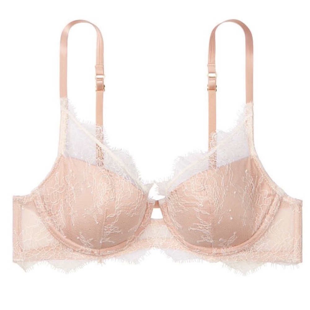 VS Dream Angel Pink Chantilly Lace Plunge Push up Bra Girly NWT New 34DD